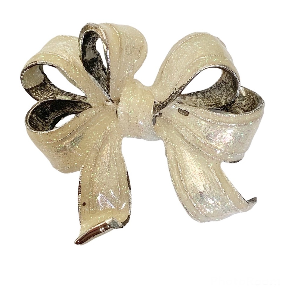 Vintage glitter enamel loopy realistic bow brooch pin